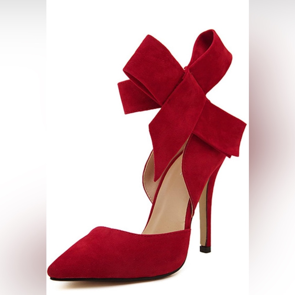 Red Suede Bow High Heels